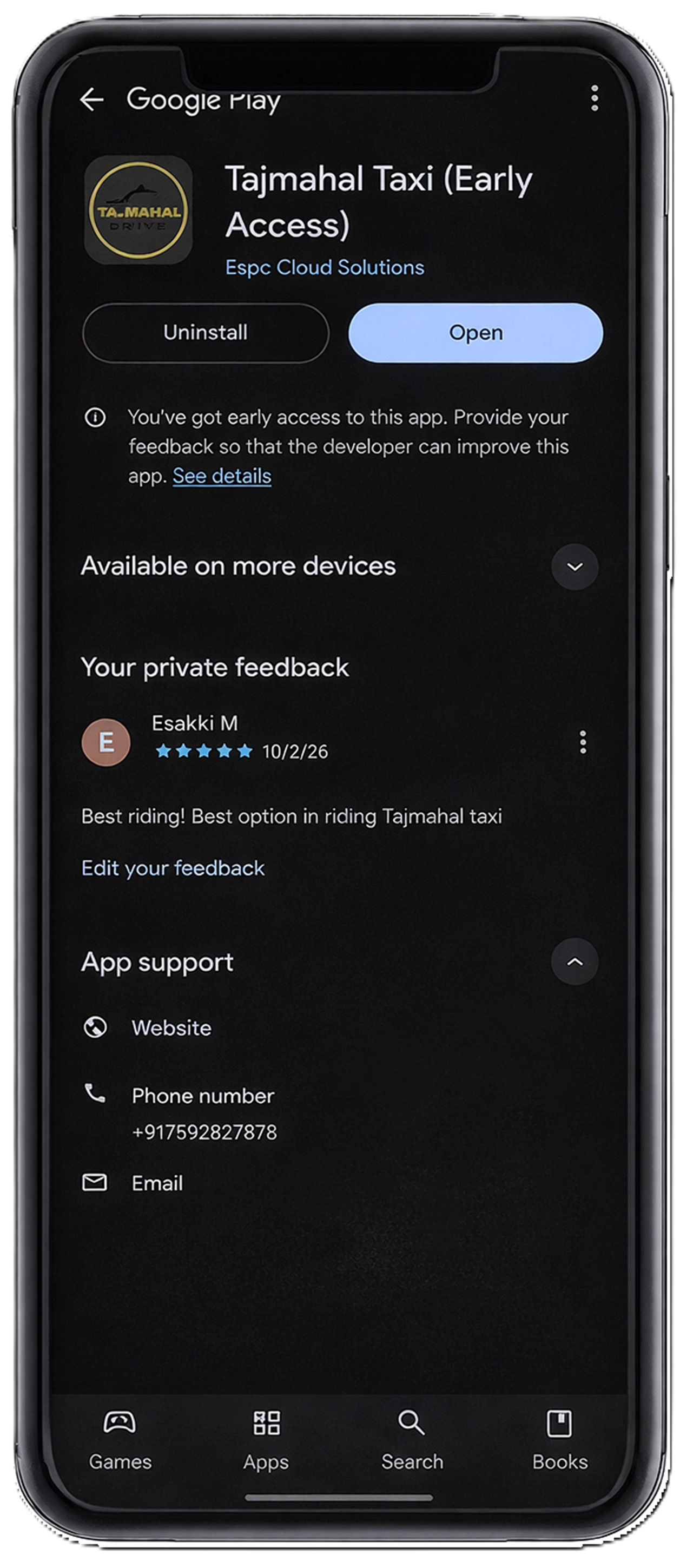Tajmahal Taxi app install screen on mobile